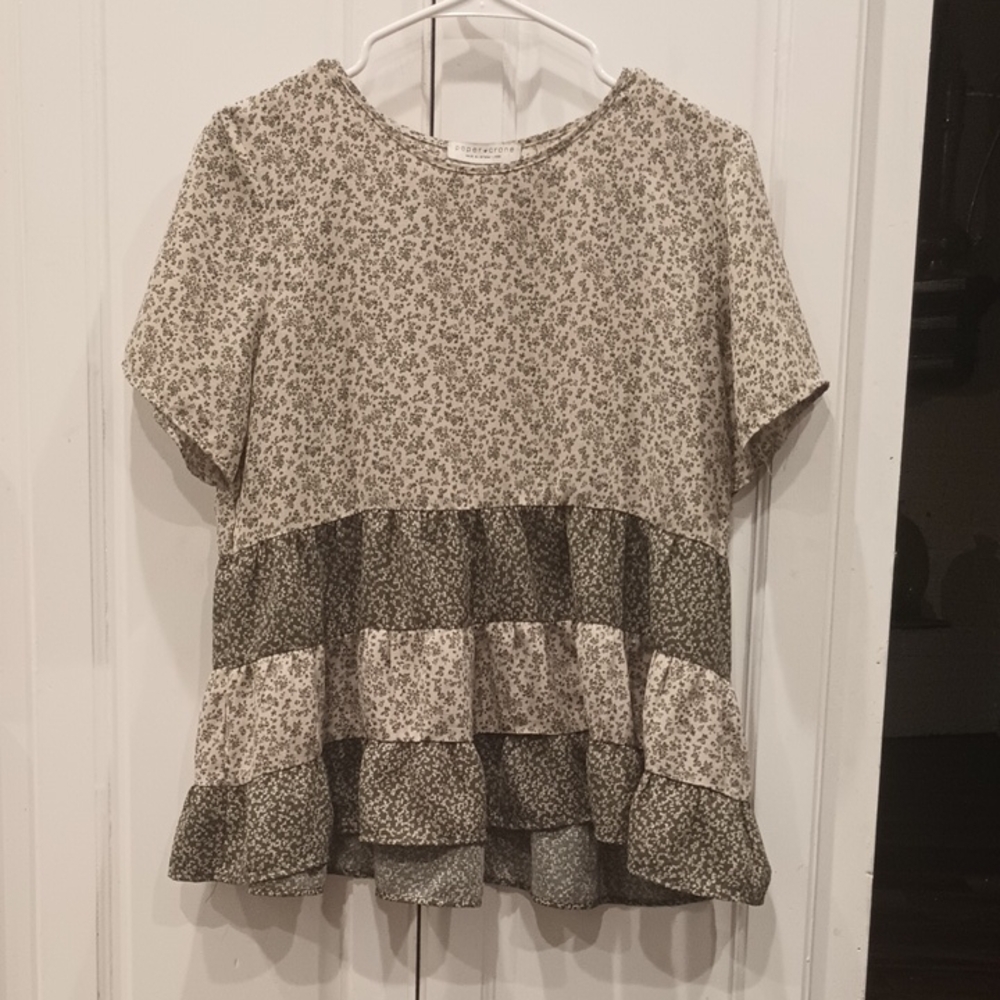 Paper Crane Floral Tiered Blouse - Cream and Green